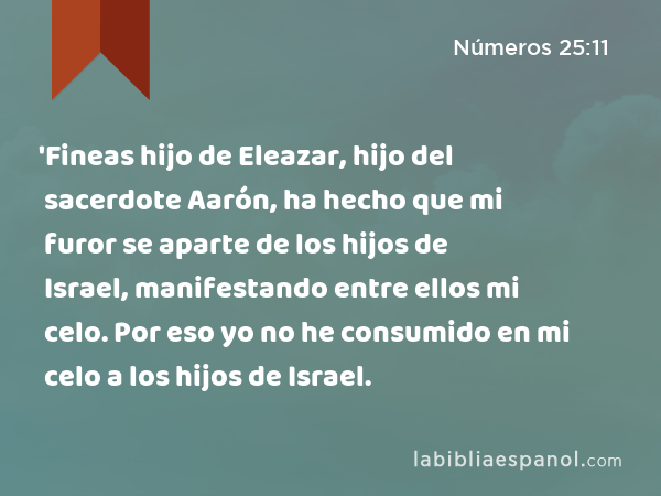 'Fineas hijo de Eleazar, hijo del sacerdote Aarón, ha hecho que mi furor se aparte de los hijos de Israel, manifestando entre ellos mi celo. Por eso yo no he consumido en mi celo a los hijos de Israel. - Números 25:11