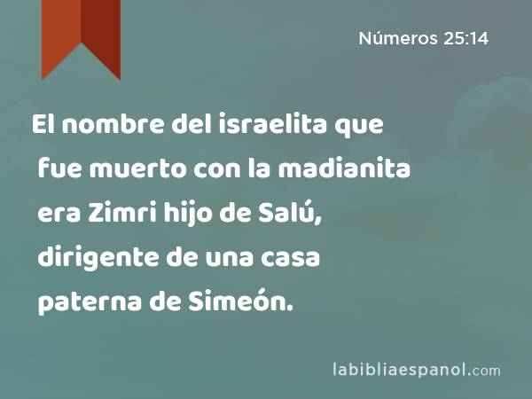 El nombre del israelita que fue muerto con la madianita era Zimri hijo de Salú, dirigente de una casa paterna de Simeón. - Números 25:14