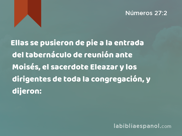 Ellas se pusieron de pie a la entrada del tabernáculo de reunión ante Moisés, el sacerdote Eleazar y los dirigentes de toda la congregación, y dijeron: - Números 27:2