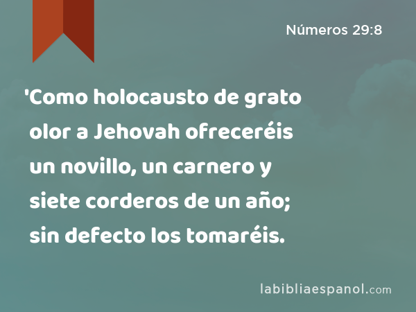 'Como holocausto de grato olor a Jehovah ofreceréis un novillo, un carnero y siete corderos de un año; sin defecto los tomaréis. - Números 29:8