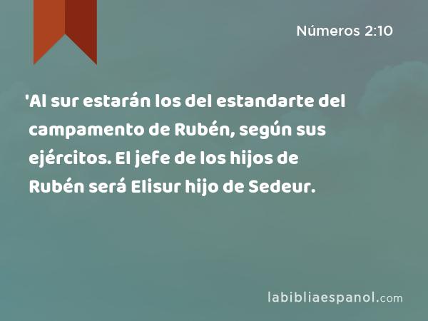 'Al sur estarán los del estandarte del campamento de Rubén, según sus ejércitos. El jefe de los hijos de Rubén será Elisur hijo de Sedeur. - Números 2:10