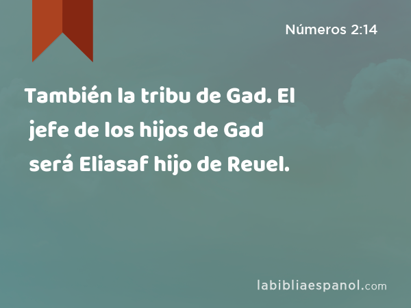 También la tribu de Gad. El jefe de los hijos de Gad será Eliasaf hijo de Reuel. - Números 2:14