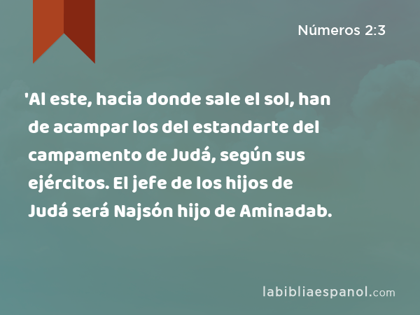 'Al este, hacia donde sale el sol, han de acampar los del estandarte del campamento de Judá, según sus ejércitos. El jefe de los hijos de Judá será Najsón hijo de Aminadab. - Números 2:3