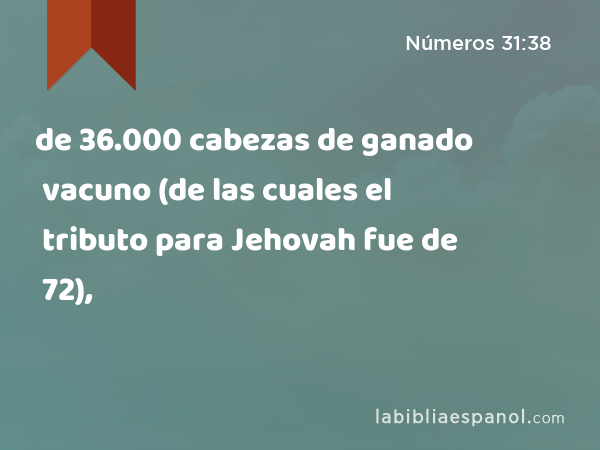 de 36.000 cabezas de ganado vacuno (de las cuales el tributo para Jehovah fue de 72), - Números 31:38