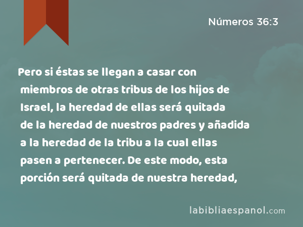 Pero si éstas se llegan a casar con miembros de otras tribus de los hijos de Israel, la heredad de ellas será quitada de la heredad de nuestros padres y añadida a la heredad de la tribu a la cual ellas pasen a pertenecer. De este modo, esta porción será quitada de nuestra heredad, - Números 36:3