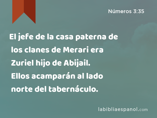 El jefe de la casa paterna de los clanes de Merari era Zuriel hijo de Abijail. Ellos acamparán al lado norte del tabernáculo. - Números 3:35