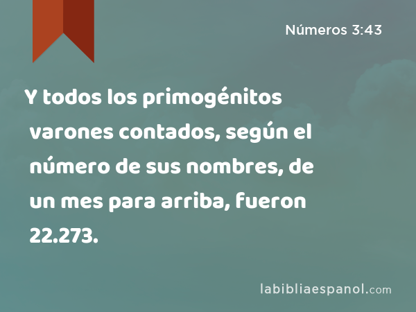 Y todos los primogénitos varones contados, según el número de sus nombres, de un mes para arriba, fueron 22.273. - Números 3:43