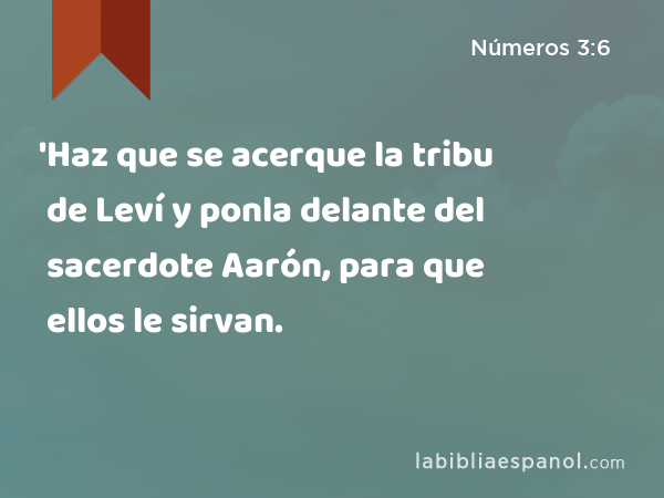 'Haz que se acerque la tribu de Leví y ponla delante del sacerdote Aarón, para que ellos le sirvan. - Números 3:6