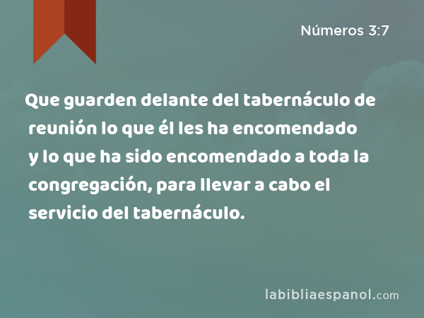 Que guarden delante del tabernáculo de reunión lo que él les ha encomendado y lo que ha sido encomendado a toda la congregación, para llevar a cabo el servicio del tabernáculo. - Números 3:7