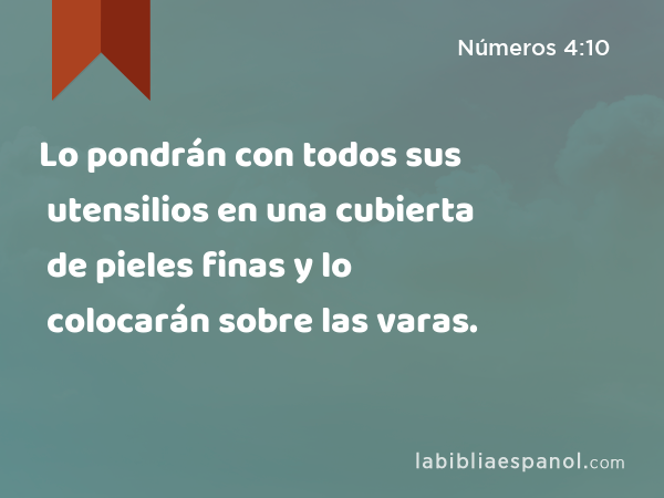 Lo pondrán con todos sus utensilios en una cubierta de pieles finas y lo colocarán sobre las varas. - Números 4:10