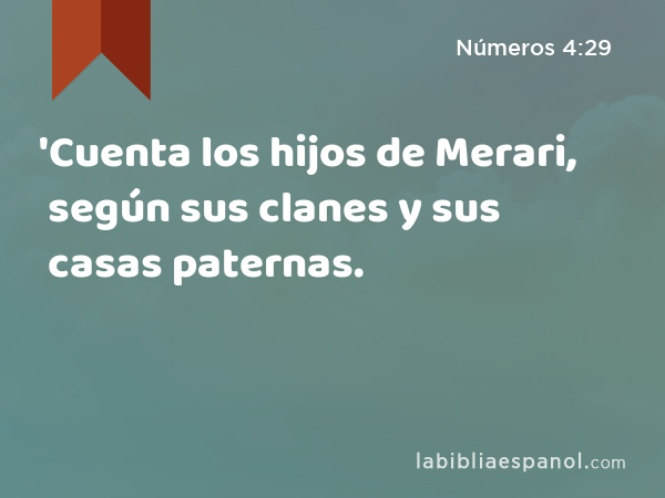 'Cuenta los hijos de Merari, según sus clanes y sus casas paternas. - Números 4:29