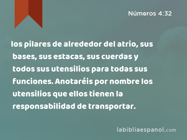 los pilares de alrededor del atrio, sus bases, sus estacas, sus cuerdas y todos sus utensilios para todas sus funciones. Anotaréis por nombre los utensilios que ellos tienen la responsabilidad de transportar. - Números 4:32