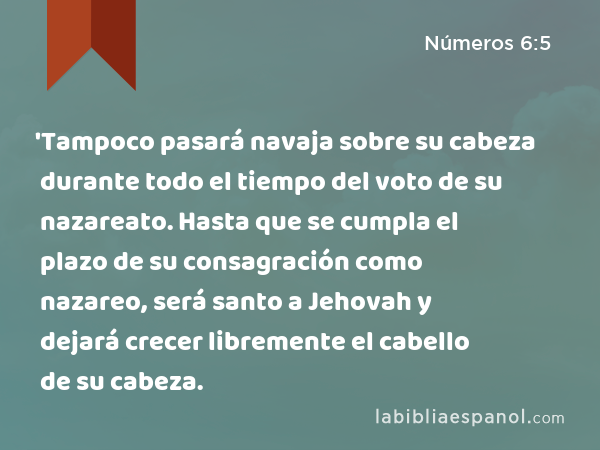 'Tampoco pasará navaja sobre su cabeza durante todo el tiempo del voto de su nazareato. Hasta que se cumpla el plazo de su consagración como nazareo, será santo a Jehovah y dejará crecer libremente el cabello de su cabeza. - Números 6:5