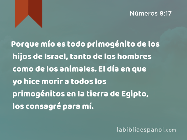 Porque mío es todo primogénito de los hijos de Israel, tanto de los hombres como de los animales. El día en que yo hice morir a todos los primogénitos en la tierra de Egipto, los consagré para mí. - Números 8:17