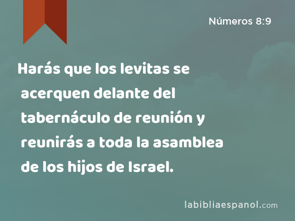 Harás que los levitas se acerquen delante del tabernáculo de reunión y reunirás a toda la asamblea de los hijos de Israel. - Números 8:9