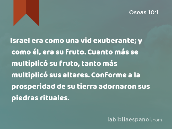 Israel era como una vid exuberante; y como él, era su fruto. Cuanto más se multiplicó su fruto, tanto más multiplicó sus altares. Conforme a la prosperidad de su tierra adornaron sus piedras rituales. - Oseas 10:1