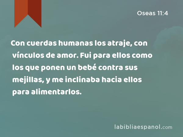 Con cuerdas humanas los atraje, con vínculos de amor. Fui para ellos como los que ponen un bebé contra sus mejillas, y me inclinaba hacia ellos para alimentarlos. - Oseas 11:4