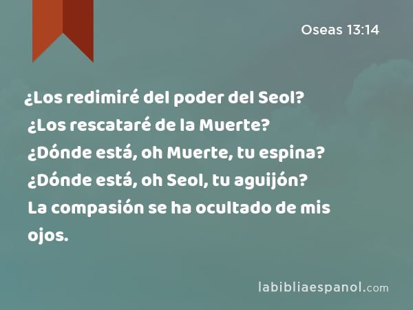 ¿Los redimiré del poder del Seol? ¿Los rescataré de la Muerte? ¿Dónde está, oh Muerte, tu espina? ¿Dónde está, oh Seol, tu aguijón? La compasión se ha ocultado de mis ojos. - Oseas 13:14