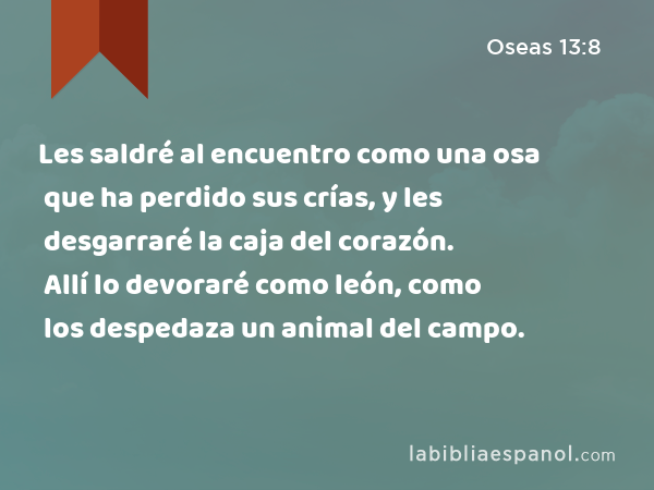 Les saldré al encuentro como una osa que ha perdido sus crías, y les desgarraré la caja del corazón. Allí lo devoraré como león, como los despedaza un animal del campo. - Oseas 13:8