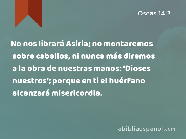 No nos librará Asiria; no montaremos sobre caballos, ni nunca más diremos a la obra de nuestras manos: ‘Dioses nuestros’; porque en ti el huérfano alcanzará misericordia. - Oseas 14:3