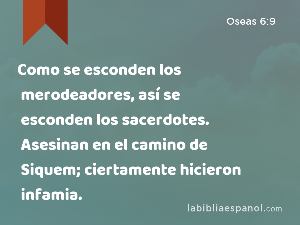 Como se esconden los merodeadores, así se esconden los sacerdotes. Asesinan en el camino de Siquem; ciertamente hicieron infamia. - Oseas 6:9