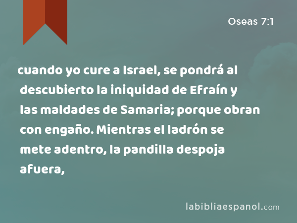 cuando yo cure a Israel, se pondrá al descubierto la iniquidad de Efraín y las maldades de Samaria; porque obran con engaño. Mientras el ladrón se mete adentro, la pandilla despoja afuera, - Oseas 7:1