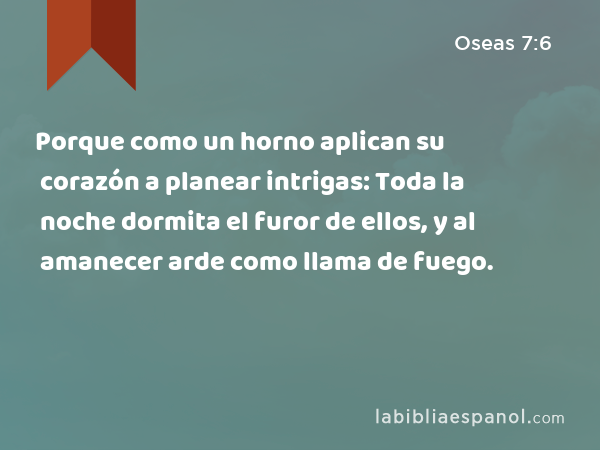 Porque como un horno aplican su corazón a planear intrigas: Toda la noche dormita el furor de ellos, y al amanecer arde como llama de fuego. - Oseas 7:6