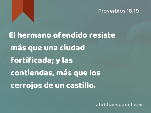 El hermano ofendido resiste más que una ciudad fortificada; y las contiendas, más que los cerrojos de un castillo. - Proverbios 18:19