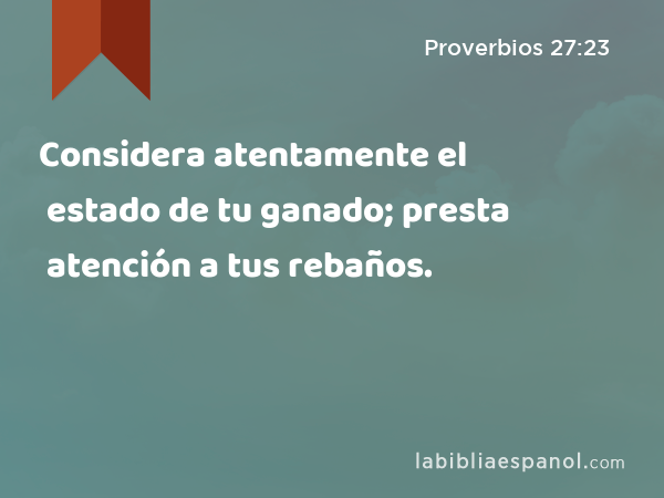 Considera atentamente el estado de tu ganado; presta atención a tus rebaños. - Proverbios 27:23