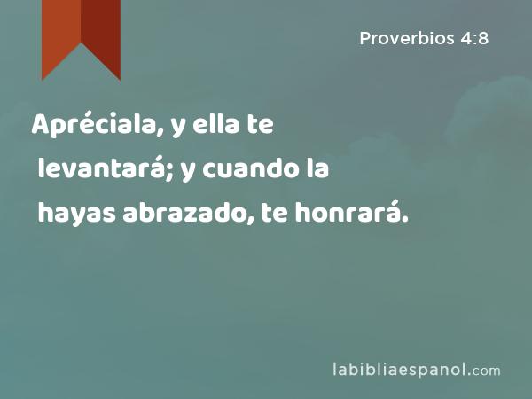 Apréciala, y ella te levantará; y cuando la hayas abrazado, te honrará. - Proverbios 4:8