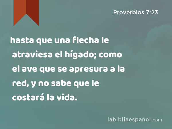 hasta que una flecha le atraviesa el hígado; como el ave que se apresura a la red, y no sabe que le costará la vida. - Proverbios 7:23