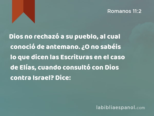 Dios no rechazó a su pueblo, al cual conoció de antemano. ¿O no sabéis lo que dicen las Escrituras en el caso de Elías, cuando consultó con Dios contra Israel? Dice: - Romanos 11:2