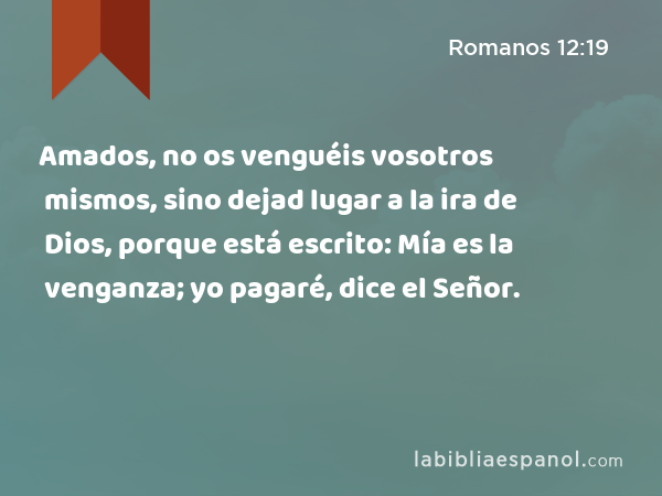 Amados, no os venguéis vosotros mismos, sino dejad lugar a la ira de Dios, porque está escrito: Mía es la venganza; yo pagaré, dice el Señor. - Romanos 12:19