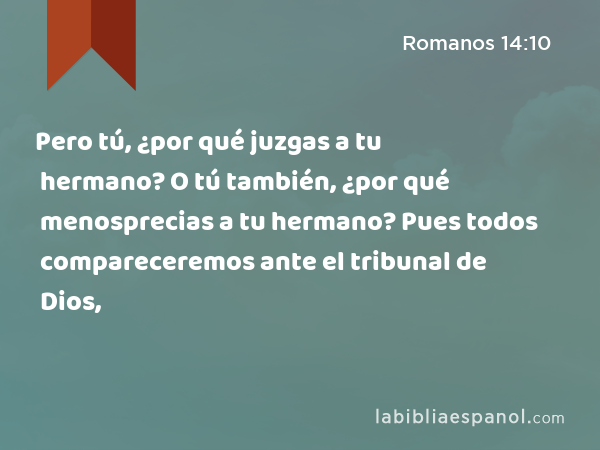 Pero tú, ¿por qué juzgas a tu hermano? O tú también, ¿por qué menosprecias a tu hermano? Pues todos compareceremos ante el tribunal de Dios, - Romanos 14:10