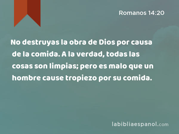 No destruyas la obra de Dios por causa de la comida. A la verdad, todas las cosas son limpias; pero es malo que un hombre cause tropiezo por su comida. - Romanos 14:20