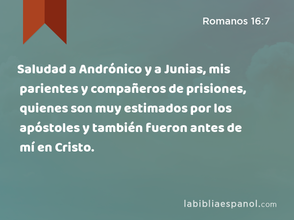 Saludad a Andrónico y a Junias, mis parientes y compañeros de prisiones, quienes son muy estimados por los apóstoles y también fueron antes de mí en Cristo. - Romanos 16:7