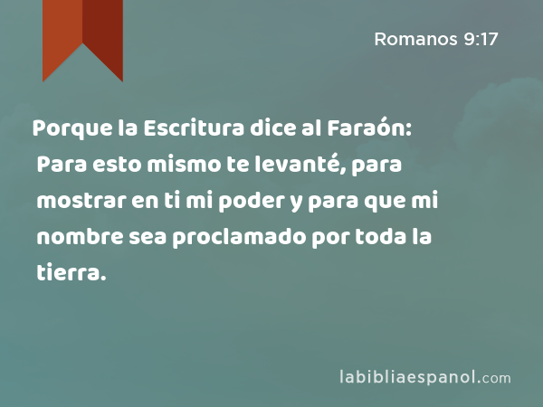 Porque la Escritura dice al Faraón: Para esto mismo te levanté, para mostrar en ti mi poder y para que mi nombre sea proclamado por toda la tierra. - Romanos 9:17