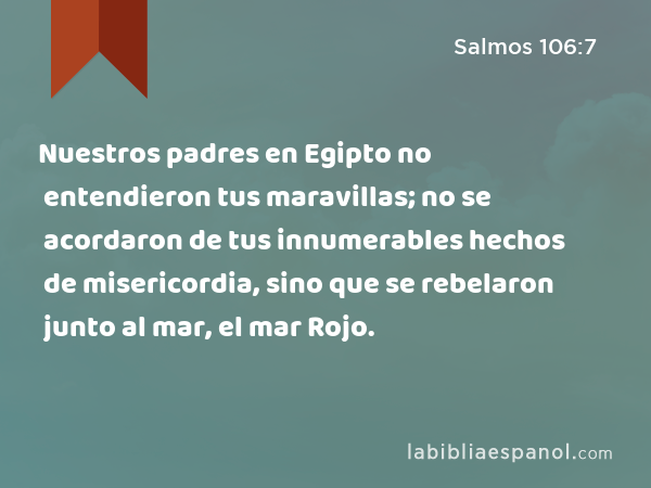 Nuestros padres en Egipto no entendieron tus maravillas; no se acordaron de tus innumerables hechos de misericordia, sino que se rebelaron junto al mar, el mar Rojo. - Salmos 106:7