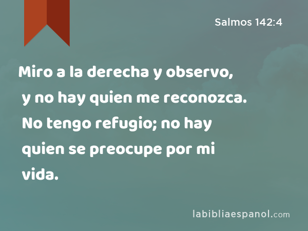 Miro a la derecha y observo, y no hay quien me reconozca. No tengo refugio; no hay quien se preocupe por mi vida. - Salmos 142:4