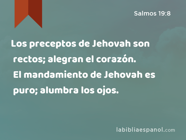 Los preceptos de Jehovah son rectos; alegran el corazón. El mandamiento de Jehovah es puro; alumbra los ojos. - Salmos 19:8