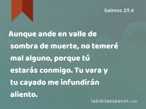 Aunque ande en valle de sombra de muerte, no temeré mal alguno, porque tú estarás conmigo. Tu vara y tu cayado me infundirán aliento. - Salmos 23:4