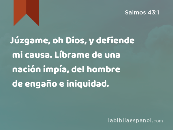 Júzgame, oh Dios, y defiende mi causa. Líbrame de una nación impía, del hombre de engaño e iniquidad. - Salmos 43:1