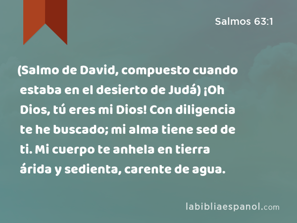 (Salmo de David, compuesto cuando estaba en el desierto de Judá) ¡Oh Dios, tú eres mi Dios! Con diligencia te he buscado; mi alma tiene sed de ti. Mi cuerpo te anhela en tierra árida y sedienta, carente de agua. - Salmos 63:1