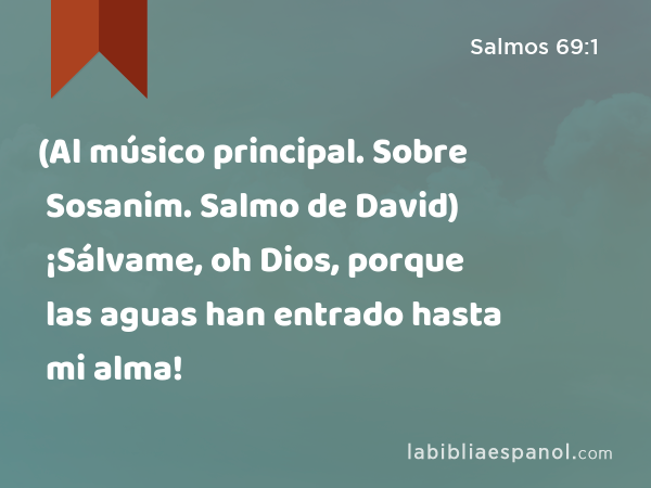 (Al músico principal. Sobre Sosanim. Salmo de David) ¡Sálvame, oh Dios, porque las aguas han entrado hasta mi alma! - Salmos 69:1