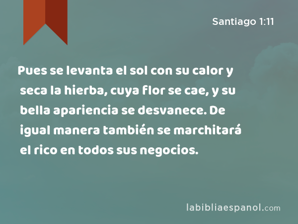 Pues se levanta el sol con su calor y seca la hierba, cuya flor se cae, y su bella apariencia se desvanece. De igual manera también se marchitará el rico en todos sus negocios. - Santiago 1:11