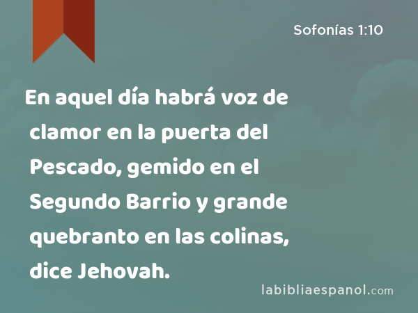 En aquel día habrá voz de clamor en la puerta del Pescado, gemido en el Segundo Barrio y grande quebranto en las colinas, dice Jehovah. - Sofonías 1:10