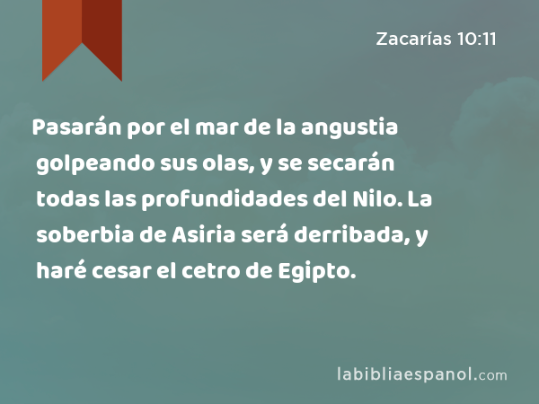 Pasarán por el mar de la angustia golpeando sus olas, y se secarán todas las profundidades del Nilo. La soberbia de Asiria será derribada, y haré cesar el cetro de Egipto. - Zacarías 10:11