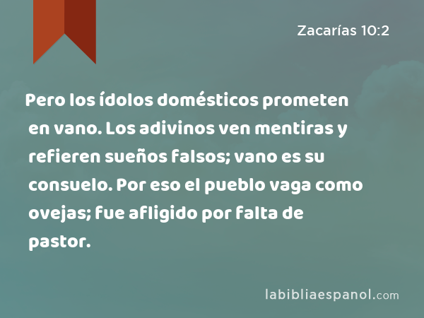 Pero los ídolos domésticos prometen en vano. Los adivinos ven mentiras y refieren sueños falsos; vano es su consuelo. Por eso el pueblo vaga como ovejas; fue afligido por falta de pastor. - Zacarías 10:2