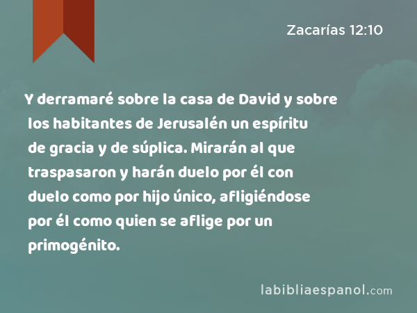 Y derramaré sobre la casa de David y sobre los habitantes de Jerusalén un espíritu de gracia y de súplica. Mirarán al que traspasaron y harán duelo por él con duelo como por hijo único, afligiéndose por él como quien se aflige por un primogénito. - Zacarías 12:10