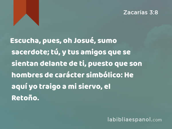 Escucha, pues, oh Josué, sumo sacerdote; tú, y tus amigos que se sientan delante de ti, puesto que son hombres de carácter simbólico: He aquí yo traigo a mi siervo, el Retoño. - Zacarías 3:8